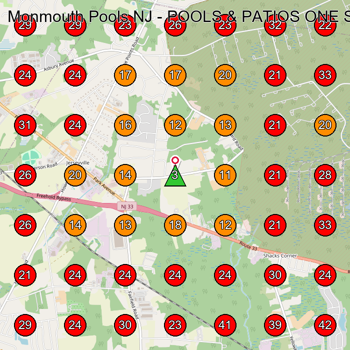 Monmouth Pools NJ - POOLS & PATIOS ONE SOURCE GeoGrid visibility map for Swimming Pool Contractor in Shrewsbury